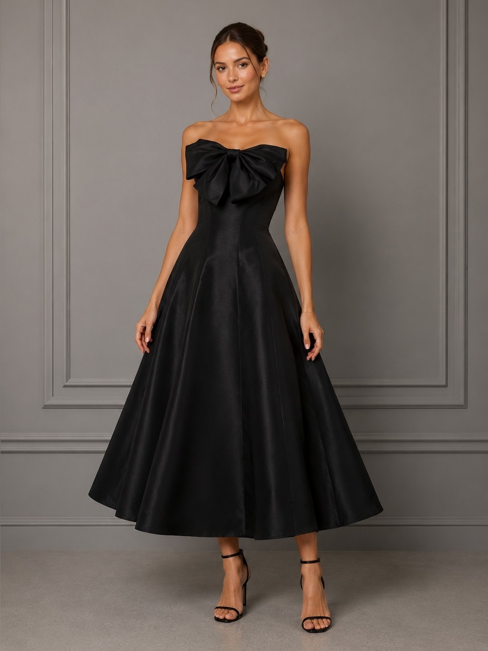MacDuggal Black Strapless A-Line Tea Length Statement Bow Dress Size 6 B430